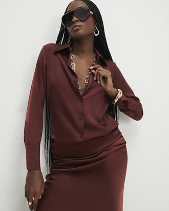 Brown Satin Long Sleeve Slim Fit Shirt