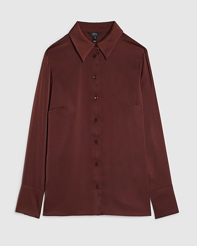 Brown Satin Long Sleeve Slim Fit Shirt