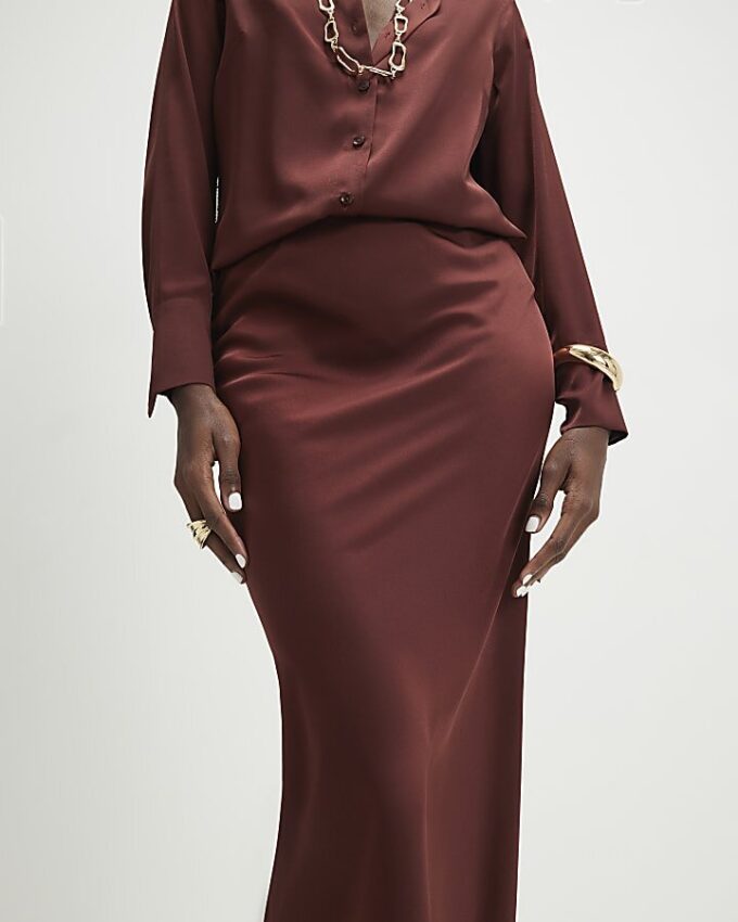 Brown Satin Maxi Skirt