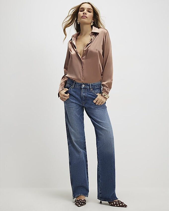 Brown Satin Slim Fit Long Sleeve Shirt