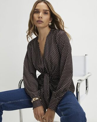 Brown Satin Spot Print Knot Front Top