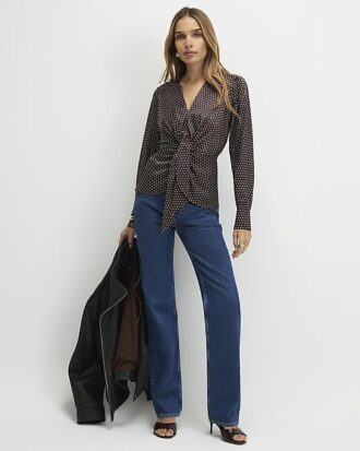 Brown Satin Spot Print Knot Front Top