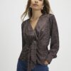 Brown Satin Spot Print Knot Front Top
