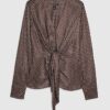 Brown Satin Spot Print Knot Front Top