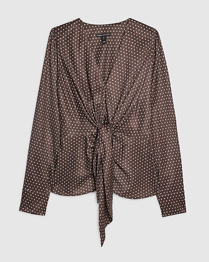 Brown Satin Spot Print Knot Front Top
