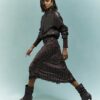 Brown Satin Spot Print Lace Trim Midi Skirt