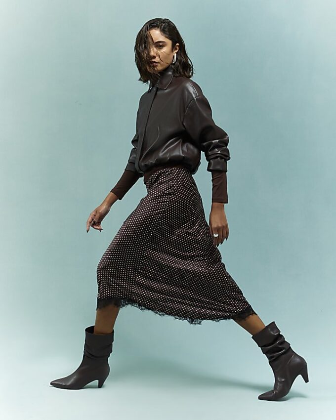 Brown Satin Spot Print Lace Trim Midi Skirt