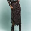 Brown Satin Spot Print Lace Trim Midi Skirt