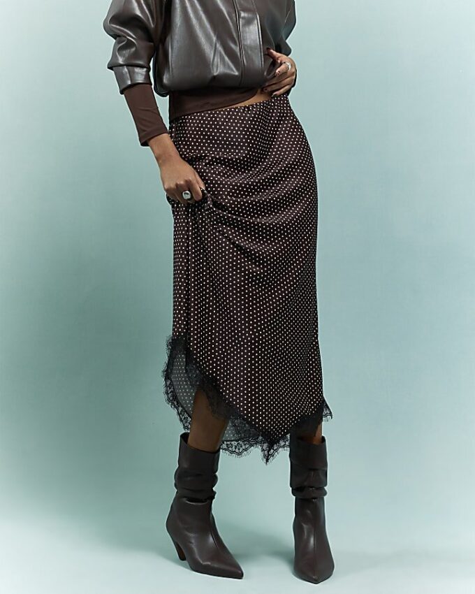 Brown Satin Spot Print Lace Trim Midi Skirt