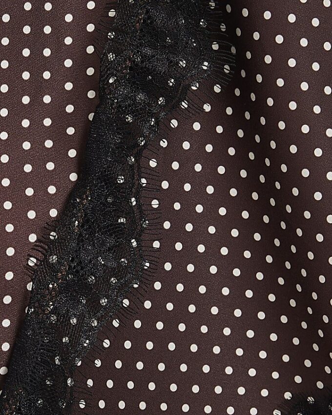 Brown Satin Spot Print Lace Trim Midi Skirt