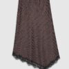 Brown Satin Spot Print Lace Trim Midi Skirt