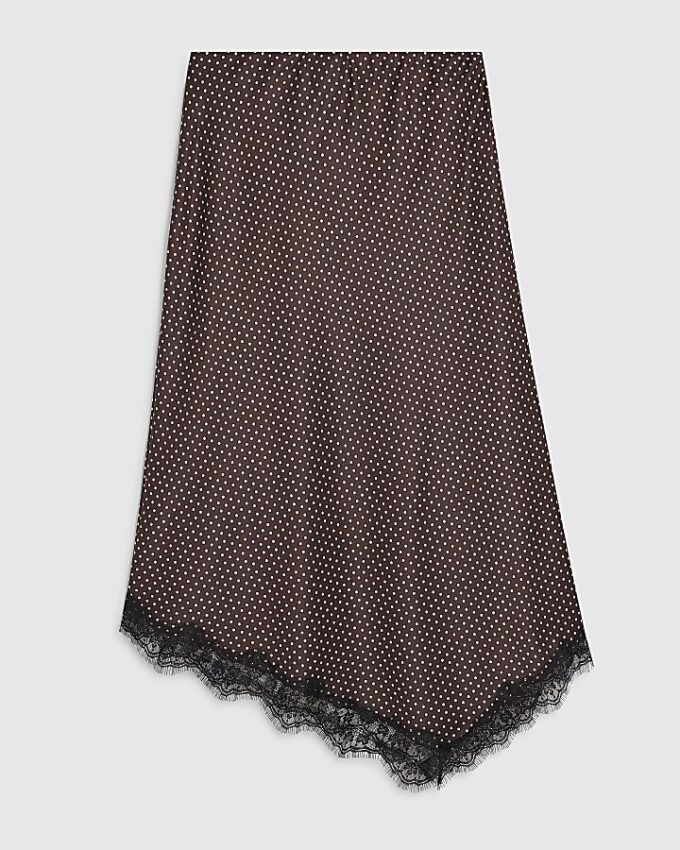 Brown Satin Spot Print Lace Trim Midi Skirt
