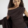 Brown Short Sleeve Off Shoulder Drape Top