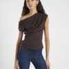 Brown Short Sleeve Off Shoulder Drape Top