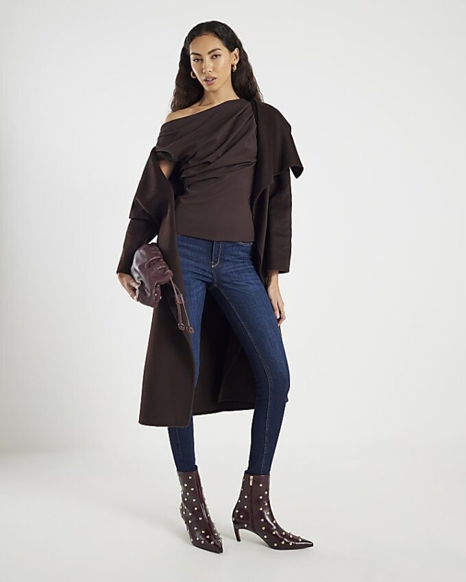 Brown Short Sleeve Off Shoulder Drape Top