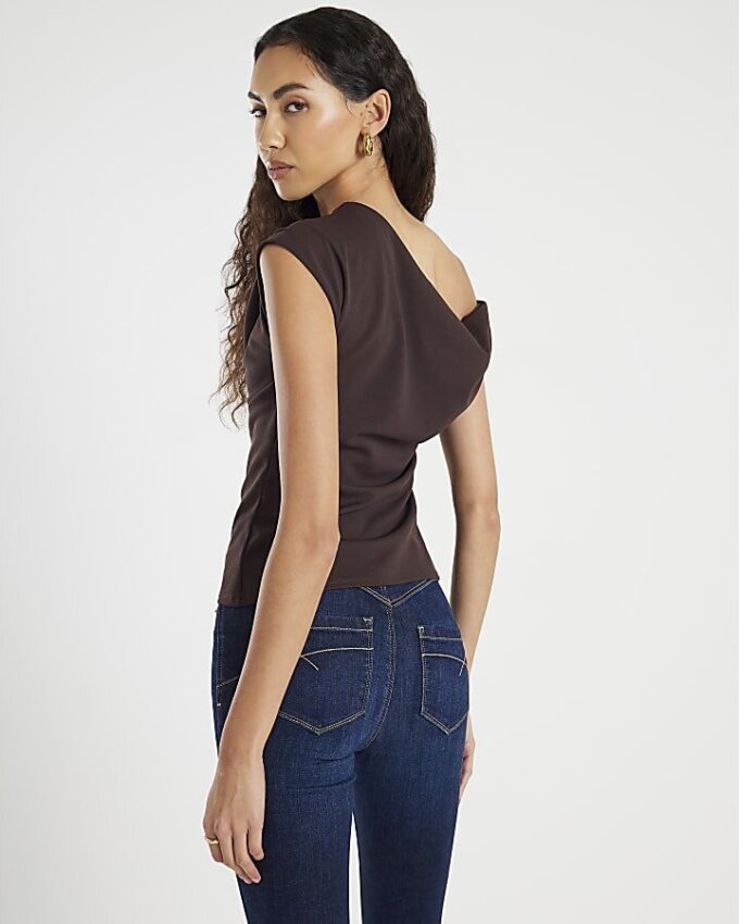 Brown Short Sleeve Off Shoulder Drape Top