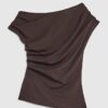 Brown Short Sleeve Off Shoulder Drape Top