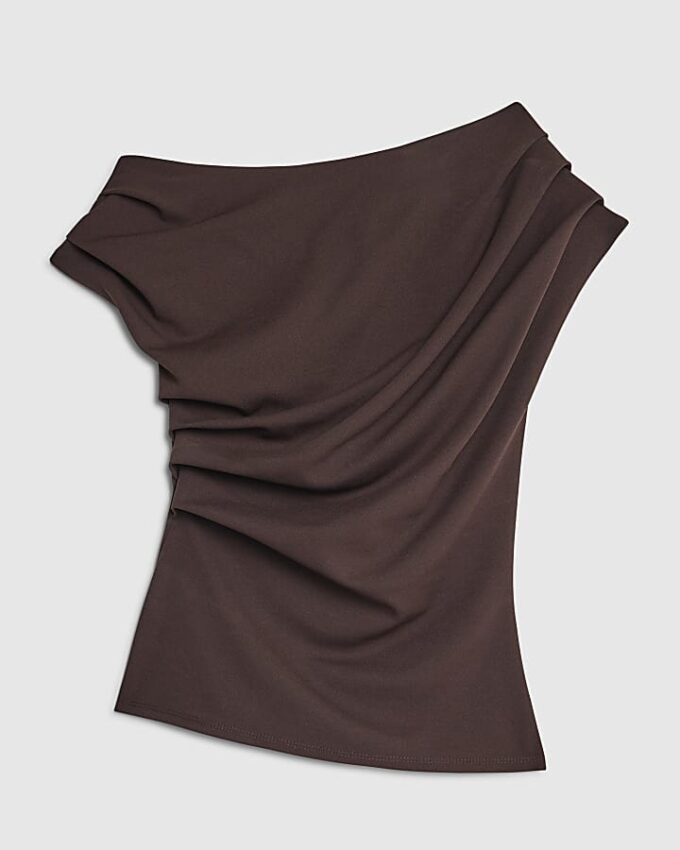 Brown Short Sleeve Off Shoulder Drape Top