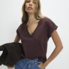 Brown Short Sleeve V Neck Top