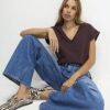 Brown Short Sleeve V Neck Top