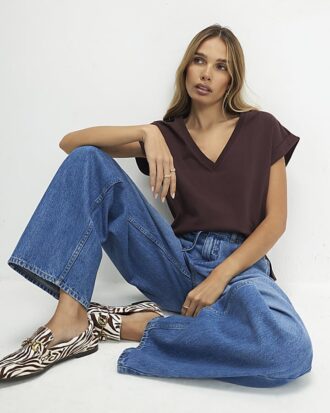 Brown Short Sleeve V Neck Top