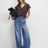 Brown Short Sleeve V Neck Top