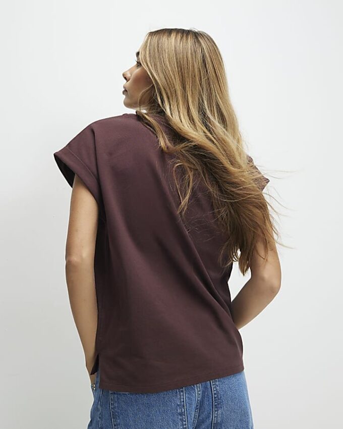 Brown Short Sleeve V Neck Top