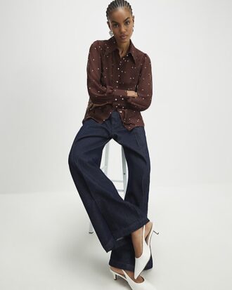 Brown Spot Print Scallop Trim Shirt