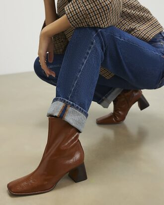 Brown Square Toe Heeled Boots