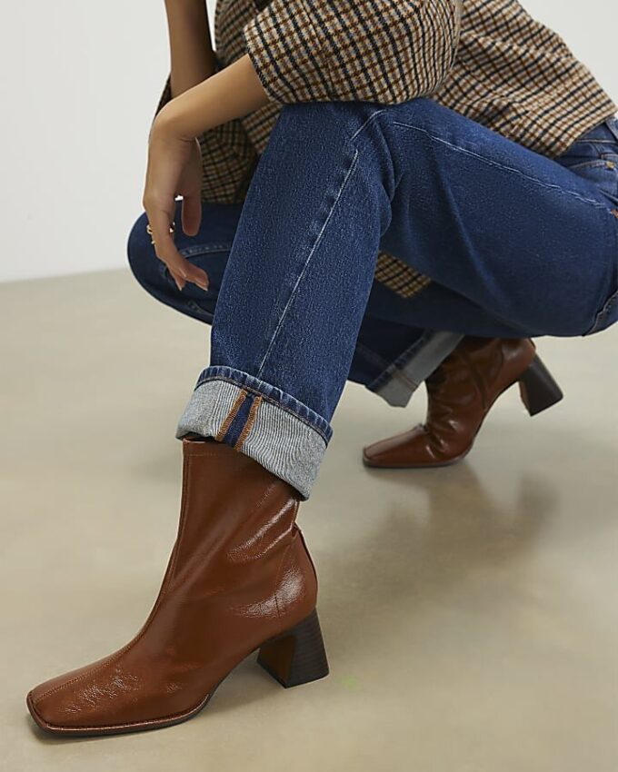 Brown Square Toe Heeled Boots