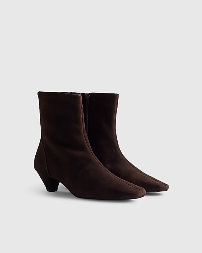 Brown Suede Cone Kitten Heel Boots