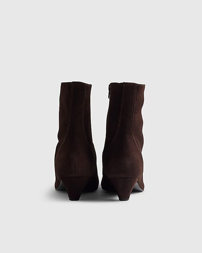 Brown Suede Cone Kitten Heel Boots