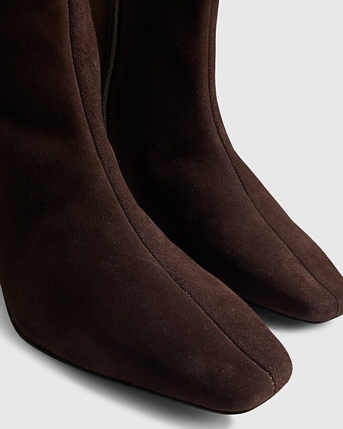 Brown Suede Cone Kitten Heel Boots