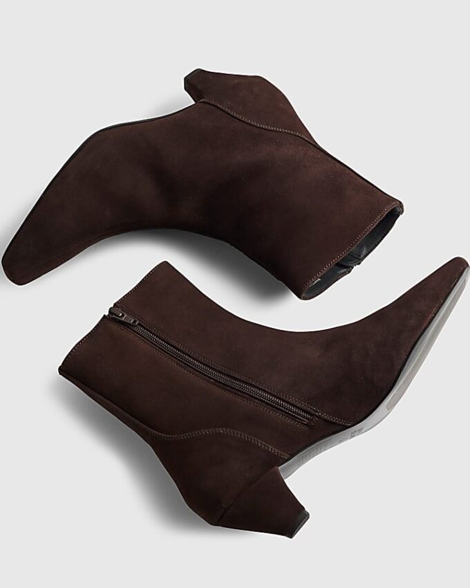 Brown Suede Cone Kitten Heel Boots