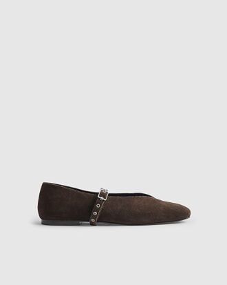 Brown Suede Eyelet Square Toe Ballet Pumps