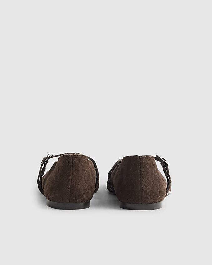 Brown Suede Eyelet Square Toe Ballet Pumps