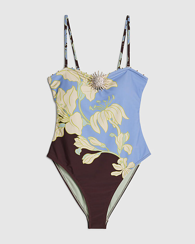 Brown Tropical Print Swimsuit