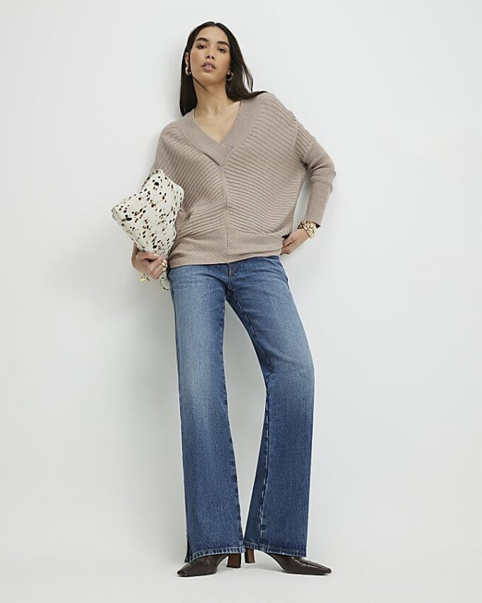 Brown V Neck Ribbed Jumper