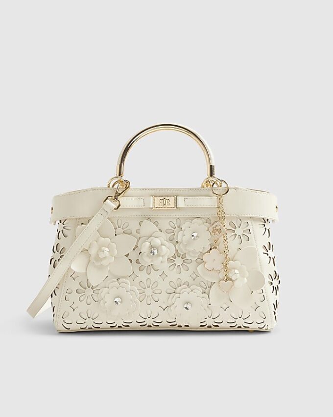 Cream 3D Floral Laser Cut Tote Bag