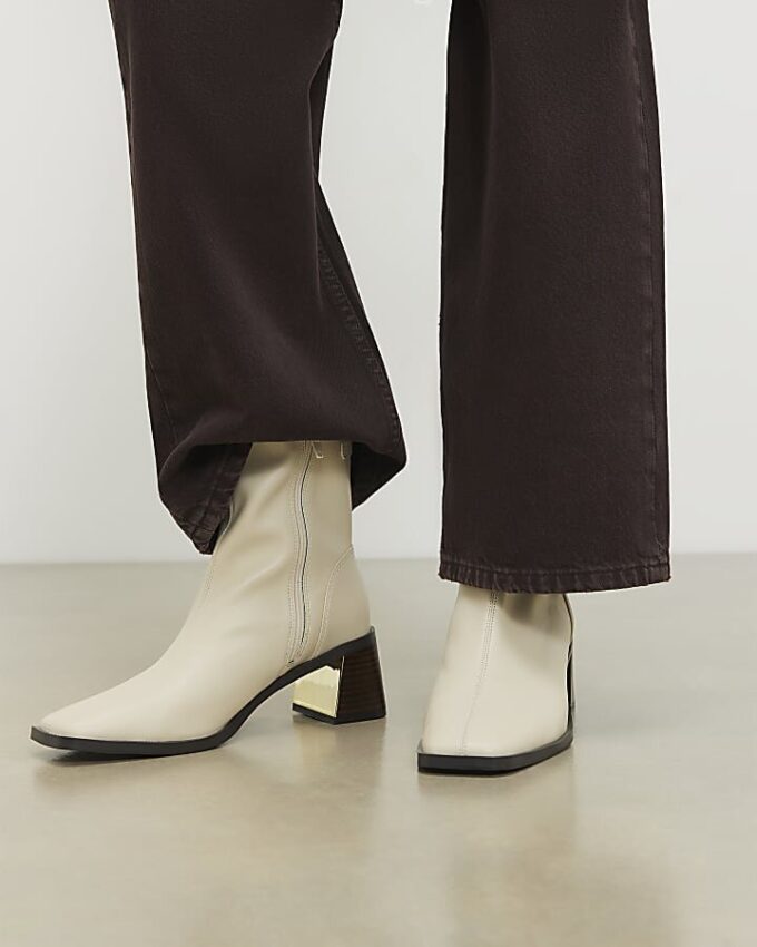 Cream Block Heel Stretch Sock Boots