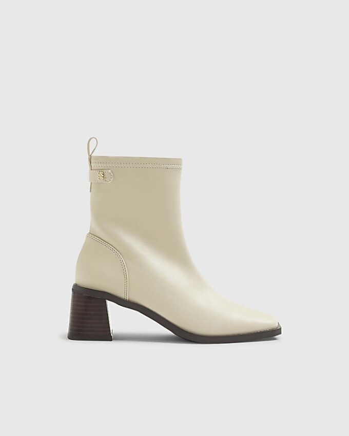 Cream Block Heel Stretch Sock Boots