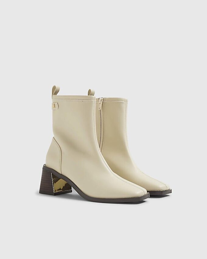 Cream Block Heel Stretch Sock Boots
