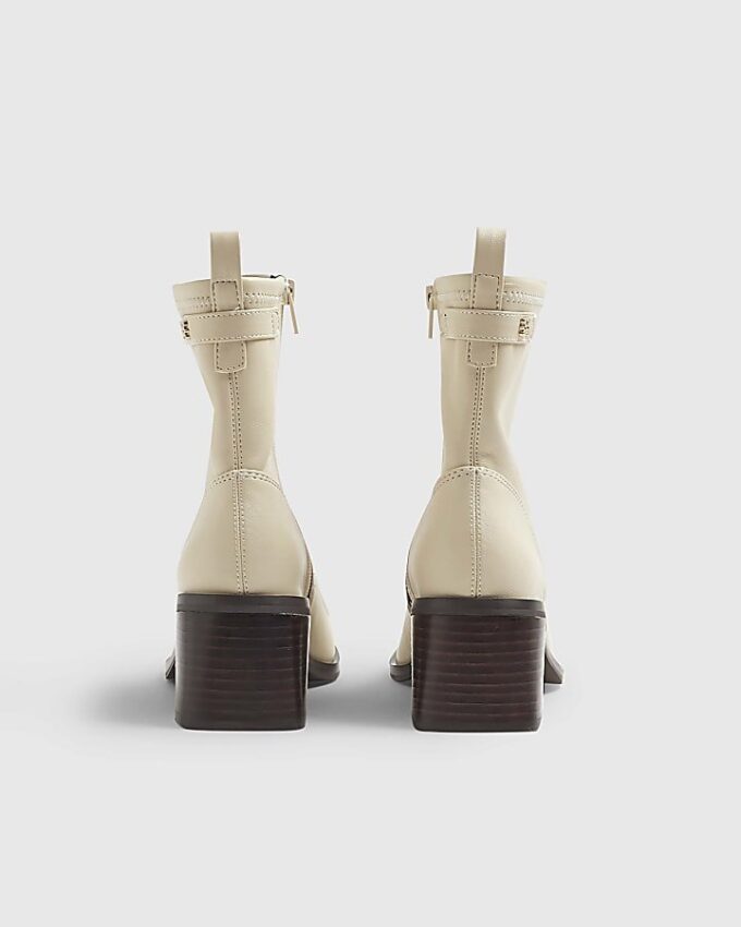 Cream Block Heel Stretch Sock Boots