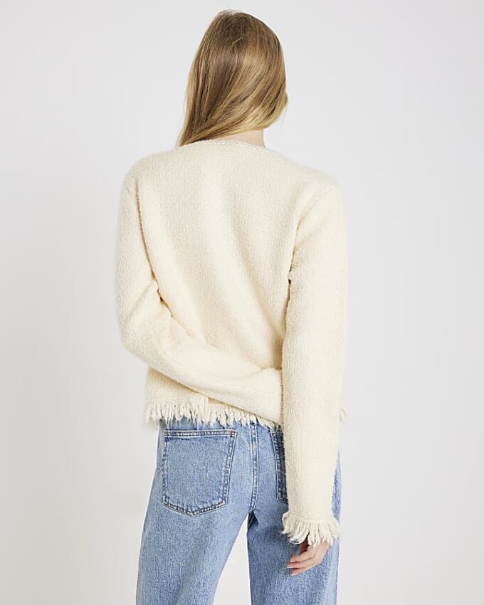 Cream Boucle Long Sleeve Fringed Cardigan