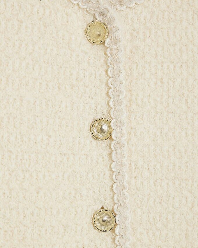 Cream Boucle Long Sleeve Fringed Cardigan