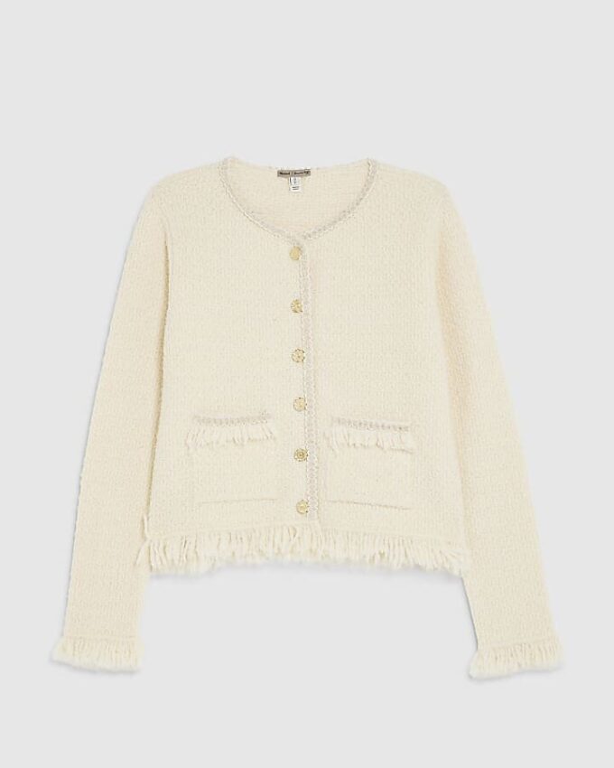 Cream Boucle Long Sleeve Fringed Cardigan