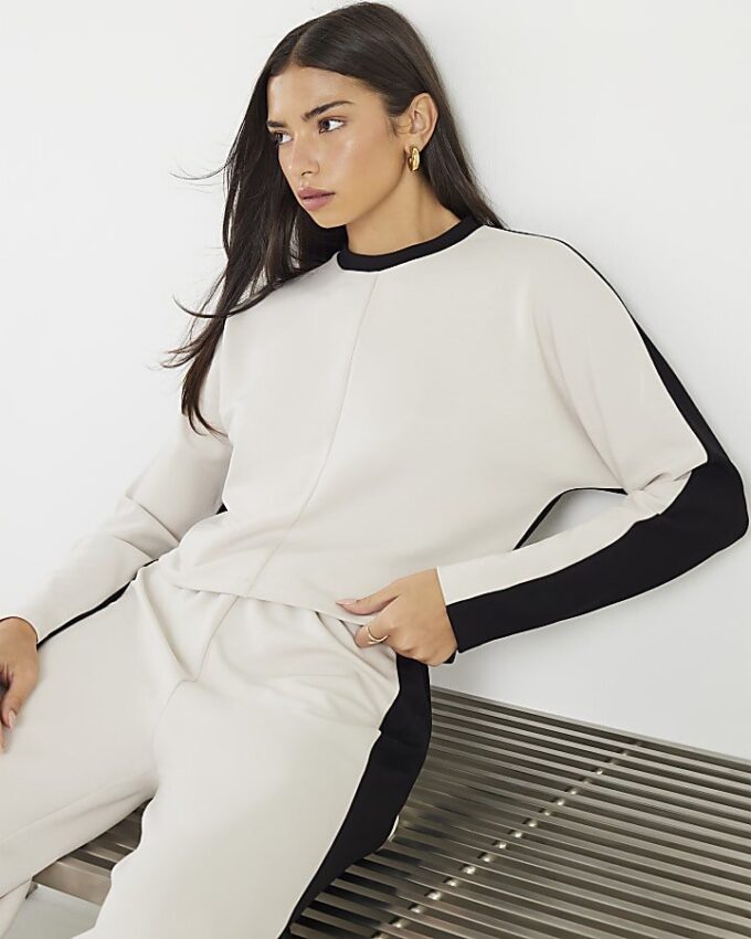 Cream Colour Block Batwing Sweatshirt