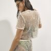 Cream Crochet Short Sleeve Embellished Top