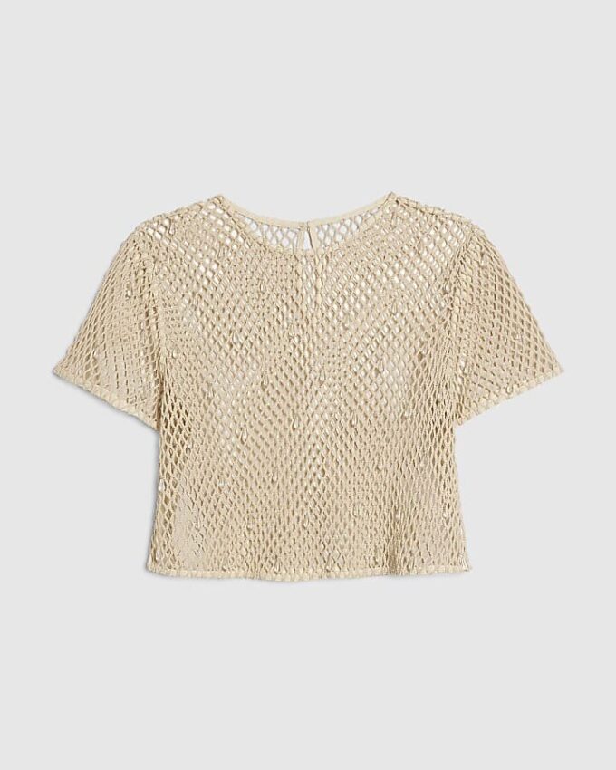 Cream Crochet Short Sleeve Embellished Top
