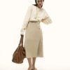 Cream Faux Leather Belted Pleated Midi Skirt